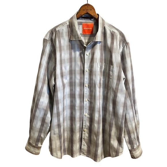 XL Tommy Bahama Flip Cuff Button Down Blue and Brown plaid shirt - Picture 2 of 13